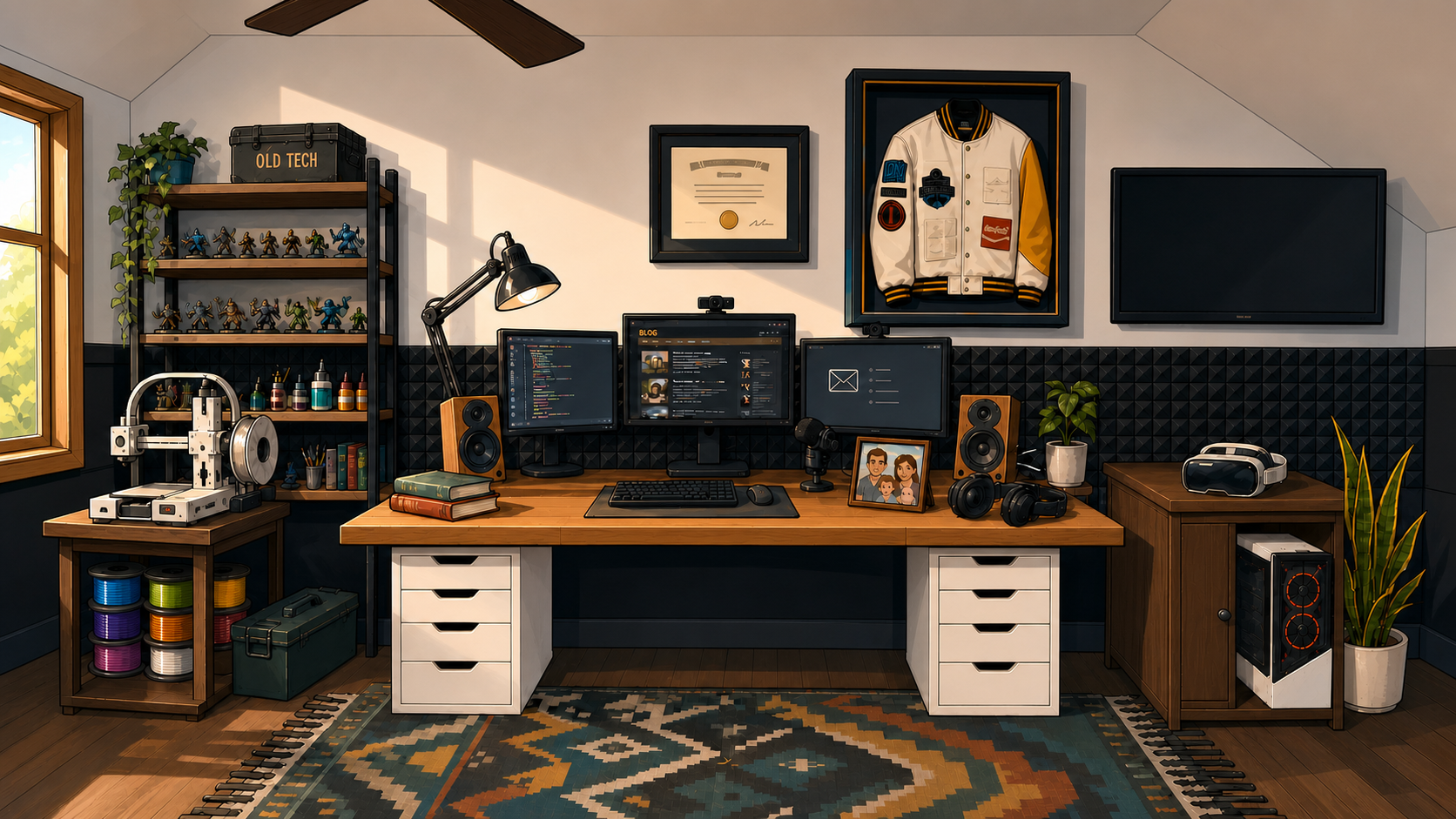 An illustrated creative studio filled with Kevin's work, family, books, technology, 3D printing, and miniature painting hobby.